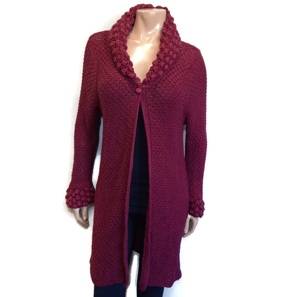 AVON Chunky Popcorn Knit Cardigan Sweater Shawl Collar Mid Length Size Small